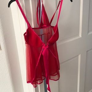 Red with hot pink satin lining, see-through mesh chemise with panties!